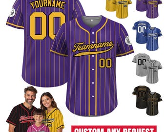 Custom Baseball Jersey with Teamname Name Number, Custom Jersey for Adult Youth Kid, Personalized Pinstripe Button Down Purple Yellow Jersey