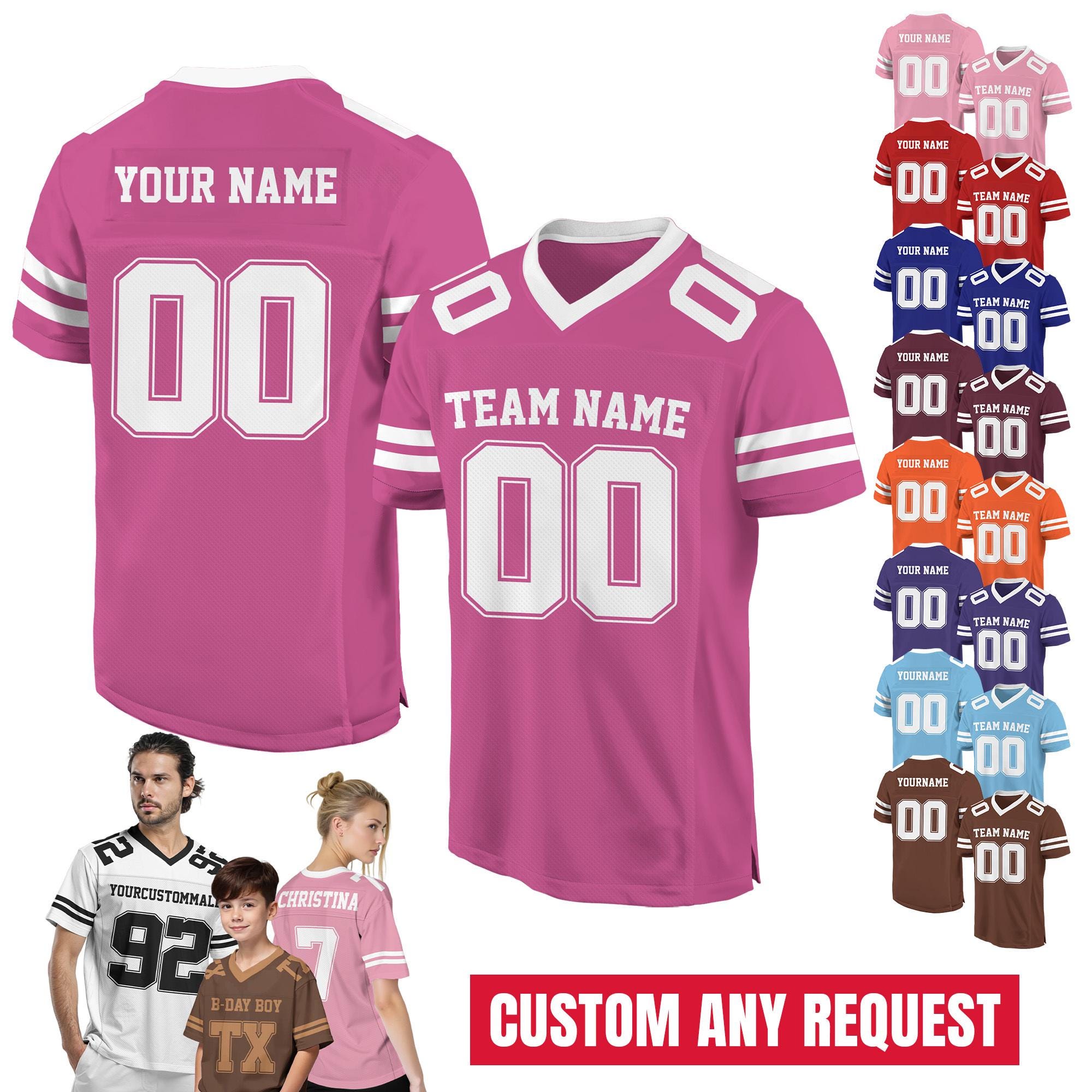 Personalized Team Name & Number Football Jersey For Adult Kid, Team Sport Shirt Jerseys Fans, Custom Front Back Football V-neck Pink jersey
