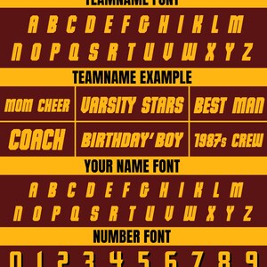 May include: A maroon and gold graphic showcasing various fonts for team names, names, and numbers. The image includes examples like "MOM CHEER" and "BIRTHDAY' BOY", along with the alphabet and numbers 0-9.