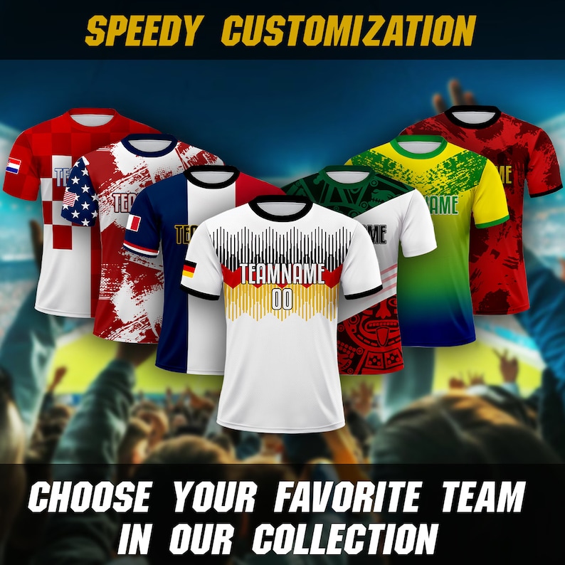 Puede incluir: Una colecci&oacute;n de seis camisetas de f&uacute;tbol con diferentes dise&ntilde;os y colores. Las camisetas tienen una variedad de patrones, incluyendo rayas, lunares y dise&ntilde;os abstractos. Las camisetas son todas de manga corta y tienen cuello redondo. Las camisetas son todas blancas, rojas, azules, verdes, amarillas y negras. Las camisetas est&aacute;n todas hechas de un tejido transpirable y que absorbe la humedad. Las camisetas son todas personalizables con un nombre de equipo y un n&uacute;mero. Las camisetas son todas perfectas para jugadores de f&uacute;tbol de todos los niveles.