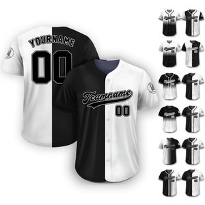 May include: Baseball jerseys in black and white, with the option to customize with a team name and number. The jerseys have a button-down front and short sleeves. Additional jersey color variations are displayed.