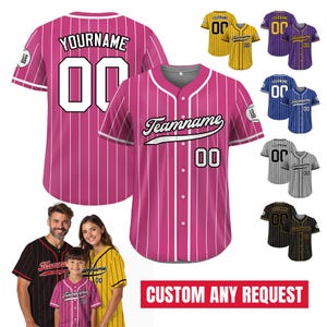 Printed Pink White Custom Baseball Jersey with Teamname Name Number, Jersey for Men Women Youth, Personalized Pinstripe Button Down Jersey
