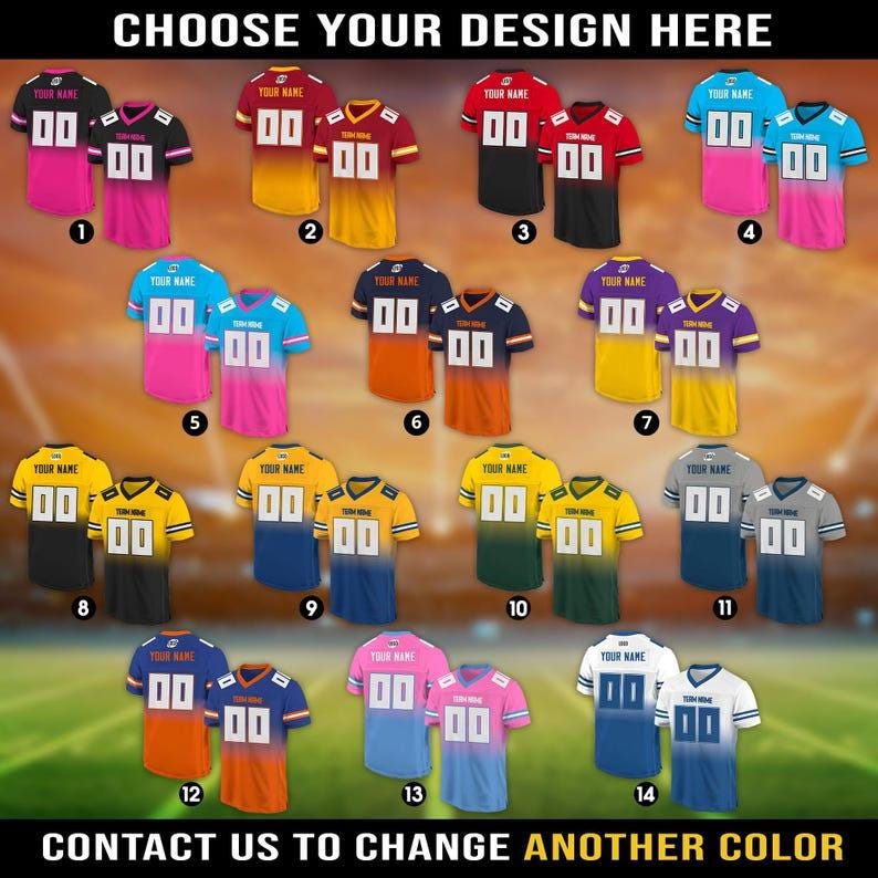 May include: A selection of 14 different football jersey designs with a gradient color effect. Each jersey has a number and the text "Your Name" on the front. The jerseys are numbered 1 through 14.