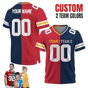 May include: Two custom football jerseys, one red and navy blue, the other red and navy blue. The jerseys have the text "YOUR NAME" and "00" on the front. The text "CUSTOM 2 TEAM COLORS" is also visible.