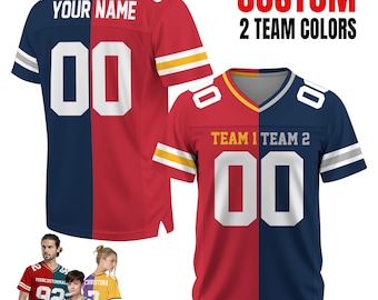 Camiseta de futebol personalizada com duas cores de times, uniforme dividido ao meio, ideal para fãs de futebol e presentes para meninos apaixonados por futebol.