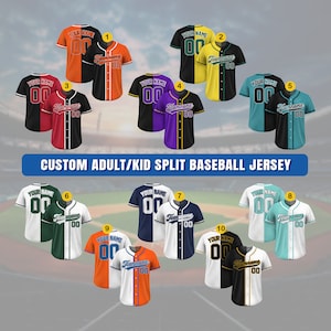 May include: Ten different color variations of a split baseball jersey. The jersey is split down the middle with two different colors. The left side of the jersey has a white background with black text that says "YOUR NAME" and a number "00". The right side of the jersey has a different color background with white text that says "Teamname" and a number "00".