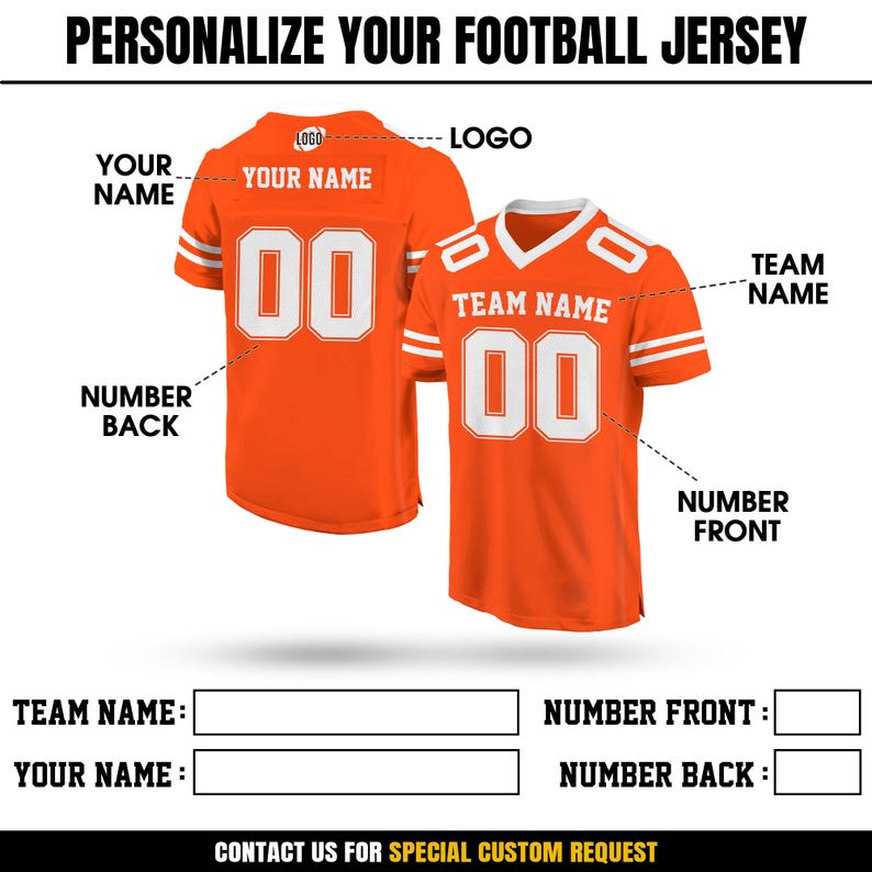 Peut inclure: Un maillot de football orange personnalisable avec des lettres blanches. Le maillot a un col en V et des rayures blanches sur les manches. Le maillot a un espace pour un nom d'&eacute;quipe, un nom de joueur et un num&eacute;ro &agrave; l'avant et &agrave; l'arri&egrave;re.