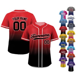 Printed Black Red Gradient Custom Baseball Jersey with Teamname Name Number, Jerseys Shirt for Men Women Youth Kid, Gifts for Baseball Fans
