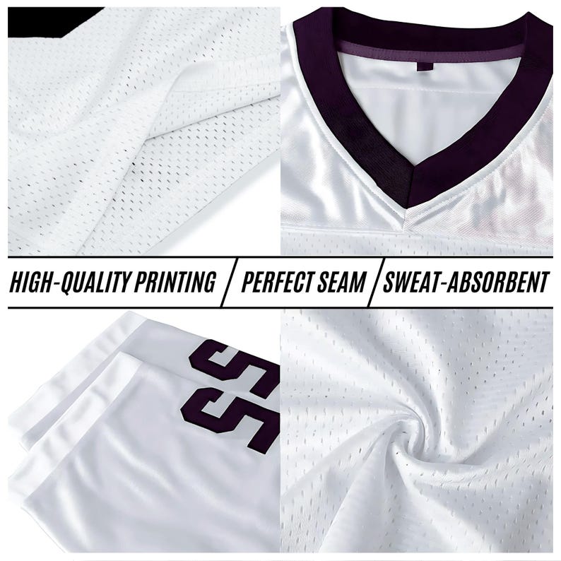 May include: White jersey with a purple v-neck collar and a purple number 55 on the front. The jersey is made of a breathable mesh fabric. The text "HIGH-QUALITY PRINTING", "PERFECT SEAM", and "SWEAT-ABSORBENT" is printed on the bottom of the image.
