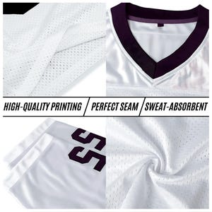 May include: White athletic jersey with a V-neck and dark purple trim. The jersey features the number "55" in dark purple on the front. The image highlights the jersey's high-quality printing, perfect seams, and sweat-absorbent material.