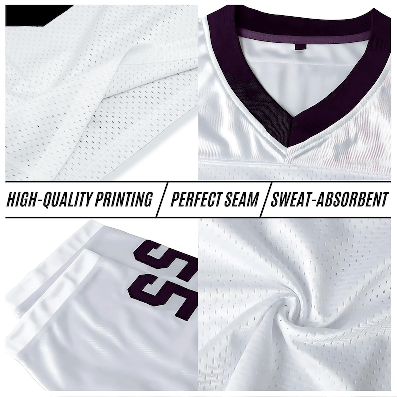 May include: White athletic jersey with a V-neck and dark purple trim. The jersey features the number "55" in dark purple on the front. The image highlights the jersey's high-quality printing, perfect seams, and sweat-absorbent material.