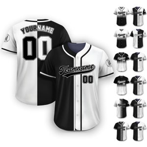 Personalized Team Name Number Logo Baseball Jersey, Custom Jersey for Men Women Youth Kid, Printed Black White Split Jersey Button Down