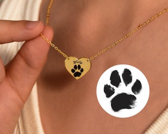 Your Actual Pet Paw Print Necklace, Paw Print Heart Necklace, Custom Engraved Dog/Cat Paw Necklace, Pet Lover Gift for Her, Memorial Loss