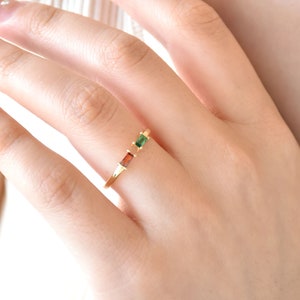 Personalized Baguette Birthstone Ring, Double Gemstone Ring, Dainty Family Birthstone Ring, Adjustable Ring, Mothers Ring, Gift for Her