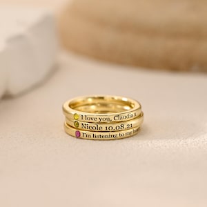Personalized Skinny Engraved Ring, Custom Gold Name Ring, Birthstone Ring, Dainty Message Ring, Stacking Ring, Name Date Coordinates Rings