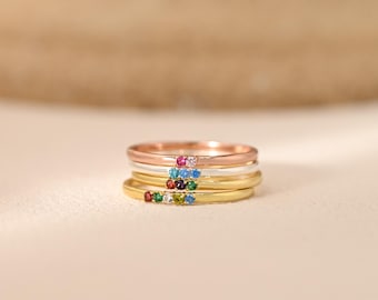 Minimalist Birthstone Ring, Dainty Family Birthstone Ring, Personalised Tiny Birth Stone Ring, Best Gift for Mom, Christmas Gift for Her