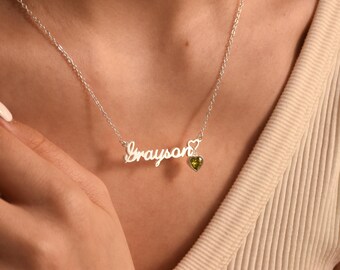 Minimalist Name Necklace, Custom Name Necklace with Birthstone, Heart Name Necklace, Birthday Gift for Her, Mother's Day gift for Mum