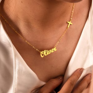 Custom Name Necklace with Cross, Sideways Cross Necklace with Name, Baptism Gift, Cross Name Necklace, First Communion Gift, Christmas Gift