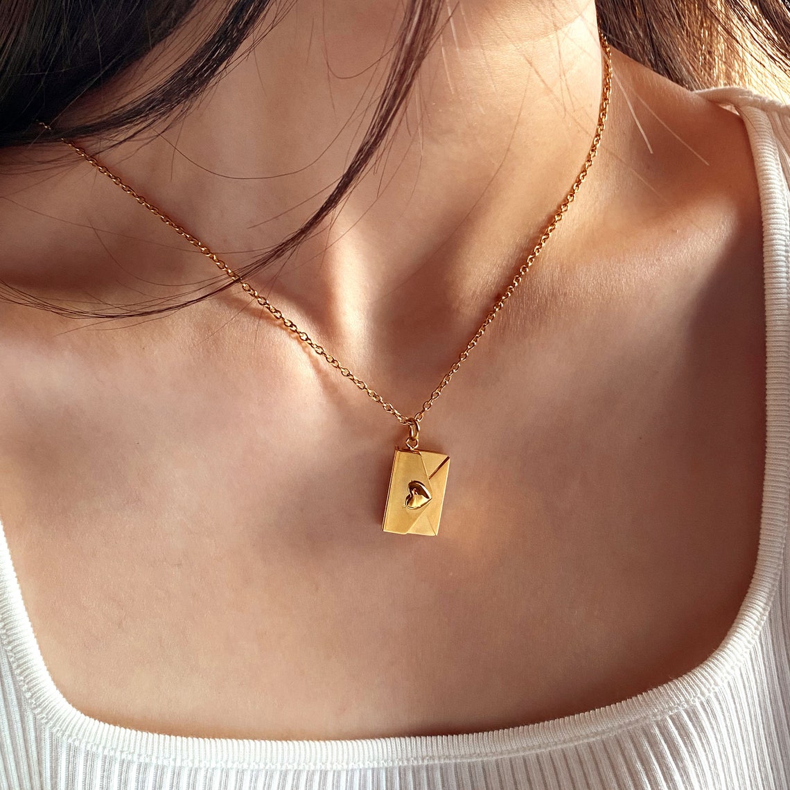 Envelope Necklace With Secret Message, Envelope Love Letter Necklace, Locket Necklace, Couples Necklace, Engraved Memorial Photo, TBF Gift image 1