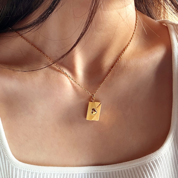 Envelope Necklace With Secret Message, Envelope Love Letter Necklace, Locket Necklace, Couples Necklace, Engraved Memorial Photo, TBF Gift