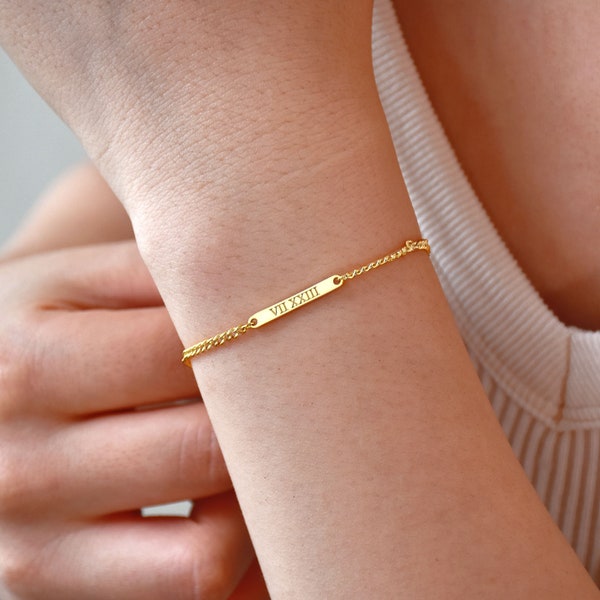 Bracelet barre avec nom personnalisé, collier prénom en or, bracelet mince avec chiffres, bracelet gravé, bracelet minimaliste pour femme, cadeau pour la fête des mères