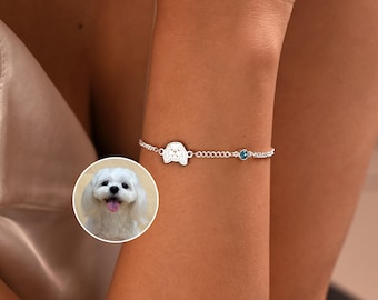 Custom Pet Portrait Bracelet with Birthstone, Engraved Cat Dog Portrait Bracelet, Pet Loss Gift, Adoption Gifts, Christmas Gift for Her