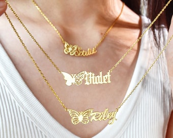 Personalised Name Necklace with Butterfly, Birth Butterfly Name Necklace, Custom Name Necklace, Gift for Her, Bridesmaid Gift, Birthday Gift