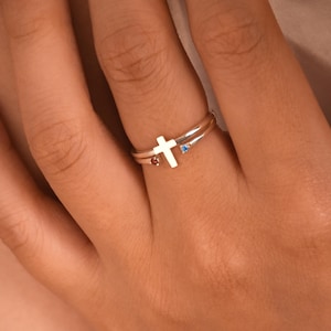 Vintage Cross Ring with Birthstone, Double Birthstone Ring, To My Daughter Pray On It Gold Cross Ring, Religious Gift,Birthday Gift from Mom