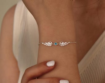 Pulsera delicada con piedra de nacimiento, pulsera de ángel de la guarda para mamá, pulsera de alas de ángel con piedra de nacimiento, joyería conmemorativa sentimental, regalo para ella