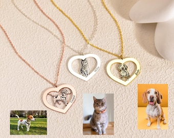 May include: Three silver heart-shaped necklaces with personalized pet portraits and names. The necklaces are on a white background with a white stone and a yellow stone.