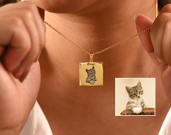 Personalisierte Haustier Portrait Halskette mit Name, Gravur Haustier Portrait Halskette, Verlust Trauergeschenk für Hunde, Trauer Schmuck, Haustier Foto Geschenk