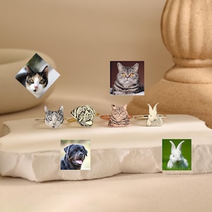 Puede incluir: Una colección de anillos con temática de animales, con diseños de gatos, perros y conejos. Los anillos son plateados y dorados, con caras de animales detalladas. Los anillos se exhiben sobre una superficie blanca.