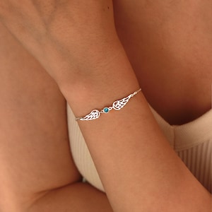 Angel Wings Bracelet with Birthstone, Dainty Birthstone Bracelet, Guardian Angel Bracelet for Mom, Sentimental Memorial Jewelry,Gift for Her