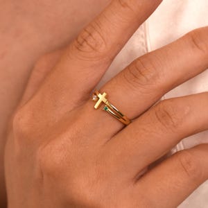 Personalized Cross Birthstone Ring, Two Birthstone Ring, To My Daughter Pray On It Gold Cross Ring, Religious Gift, Birthday Gift from Mom