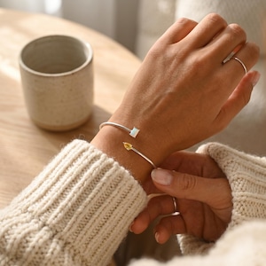Dainty Birthstone Opal Bangle Bracelet, Elegant Opal Cuff, Custom Mother Daughter Bracelet, Sister Jewelry, Birthday Gift, Bridesmaid Gift