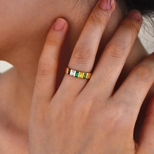 Multiple Birthstone Ring, Wide Band Baguette Birthstone Ring, Family Birthstone Ring,Mother Grandma Family Ring Gifts, Birthday Gift for Mom