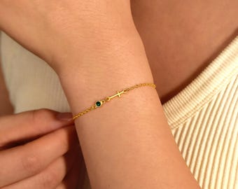 Cross Bracelet with Birthstone, Dainty Birthstone Bracelet, Mini Cross Birthstone Bracelet for Women, Birthday Gift, Christmas Gift for Her