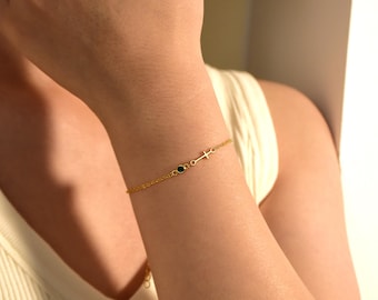 Mini Cross Birthstone Bracelet for Women, Cross Bracelet with Birthstone, Dainty Birthstone Bracelet, Birthday Gift, Christmas Gift for Her
