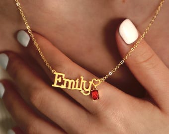 Custom Name Necklace with Birthstone, Dainty Name Necklace, Gold Heart Name Necklace, Birthday Gift for Her, Mother's Day gift for Mum