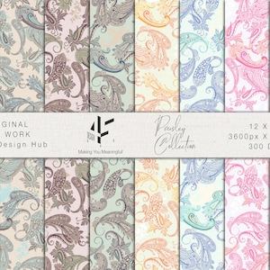 Digital Handgefertigtes Paisley Muster Digitaldruck, hochauflösendes Design in 16 Farbvariationen zum Basteln, Scrapbooking und Wohnkultur