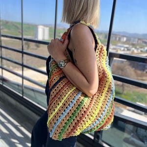 Sommertasche, String Tasche, Schultertasche, Raffia Tasche, Strandtasche, Bunte Tasche, große Strandtasche, Häkeln Stricktasche, Summer Chic Tasche