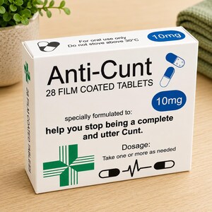 May include: A white rectangular box labeled Anti-Cunt 28 film coated tablets 10mg. The packaging features blue capsule illustrations, a green cross symbol, and text stating for oral use only, do not store above 30&deg;C, and dosage instructions.