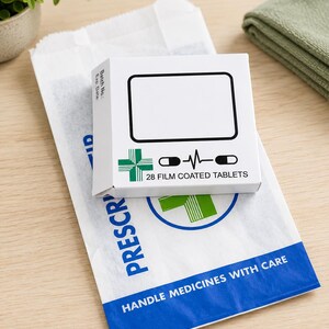 May include: A white square medication box labeled 28 FILM COATED TABLETS with a green cross and capsule icon, resting on a white paper pharmacy bag printed with the text PRESCRIPTION and HANDLE MEDICINES WITH CARE in blue ink.
