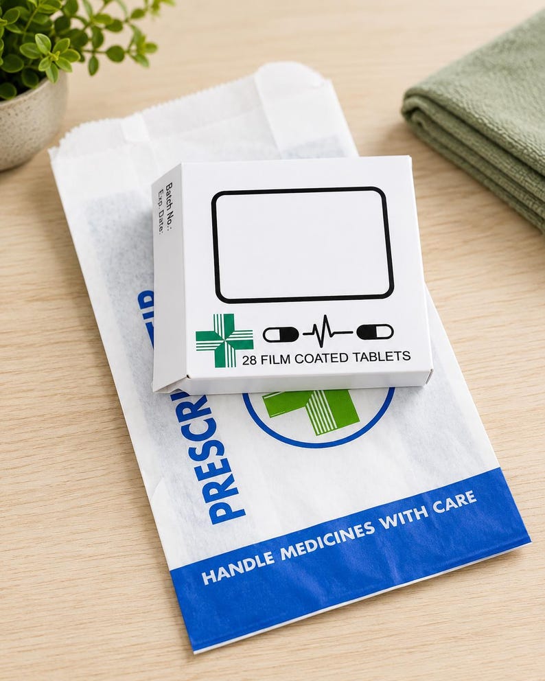 May include: A white square medication box labeled 28 FILM COATED TABLETS with a green cross and capsule icon, resting on a white paper pharmacy bag printed with the text PRESCRIPTION and HANDLE MEDICINES WITH CARE in blue ink.