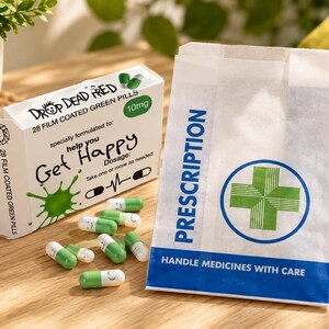 May include: A white rectangular box labeled Drop Dead Fred 28 film coated green pills 10mg with text Get Happy and a green splash graphic. Several green and white capsules with smiley faces are scattered next to a white prescription paper bag.