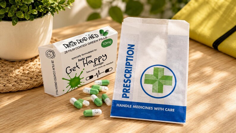May include: A white rectangular box labeled Drop Dead Fred 28 film coated green pills 10mg with text Get Happy and a green splash graphic. Several green and white capsules with smiley faces are scattered next to a white prescription paper bag.