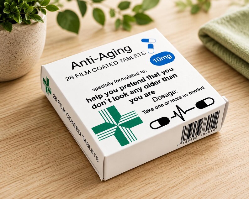 May include: A white rectangular box labeled Anti-Aging 28 Film Coated Tablets. The packaging features a green cross, blue and white capsule icons, a 10mg circle, a barcode, and text stating: help you pretend that you don't look any older than you are.