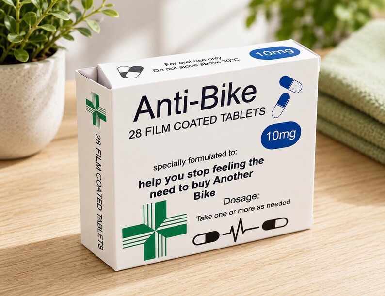 May include: A white rectangular box labeled Anti-Bike 28 film coated tablets 10mg. The packaging features blue and white capsule illustrations, a green cross symbol, and text stating: specially formulated to help you stop feeling the need to buy Another Bike.