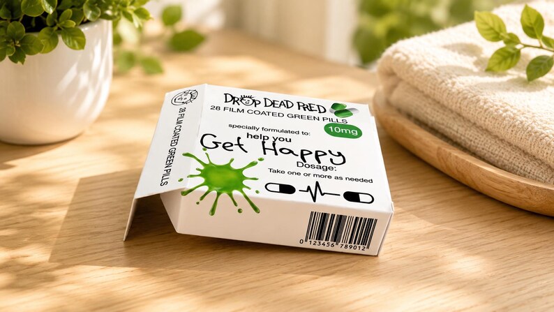May include: A white rectangular box labeled Drop Dead Fred containing 28 film coated green pills. The packaging features a green ink splatter graphic, the text Get Happy, a 10mg dosage indicator, a heartbeat line icon, and a barcode at the bottom.