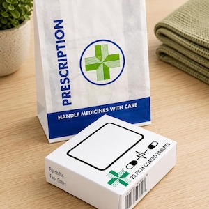 May include: A white paper prescription bag with blue text and a green cross symbol, accompanied by a white rectangular medication box labeled 28 film coated tablets with a green cross, a barcode, and blank fields for batch number and expiration date.